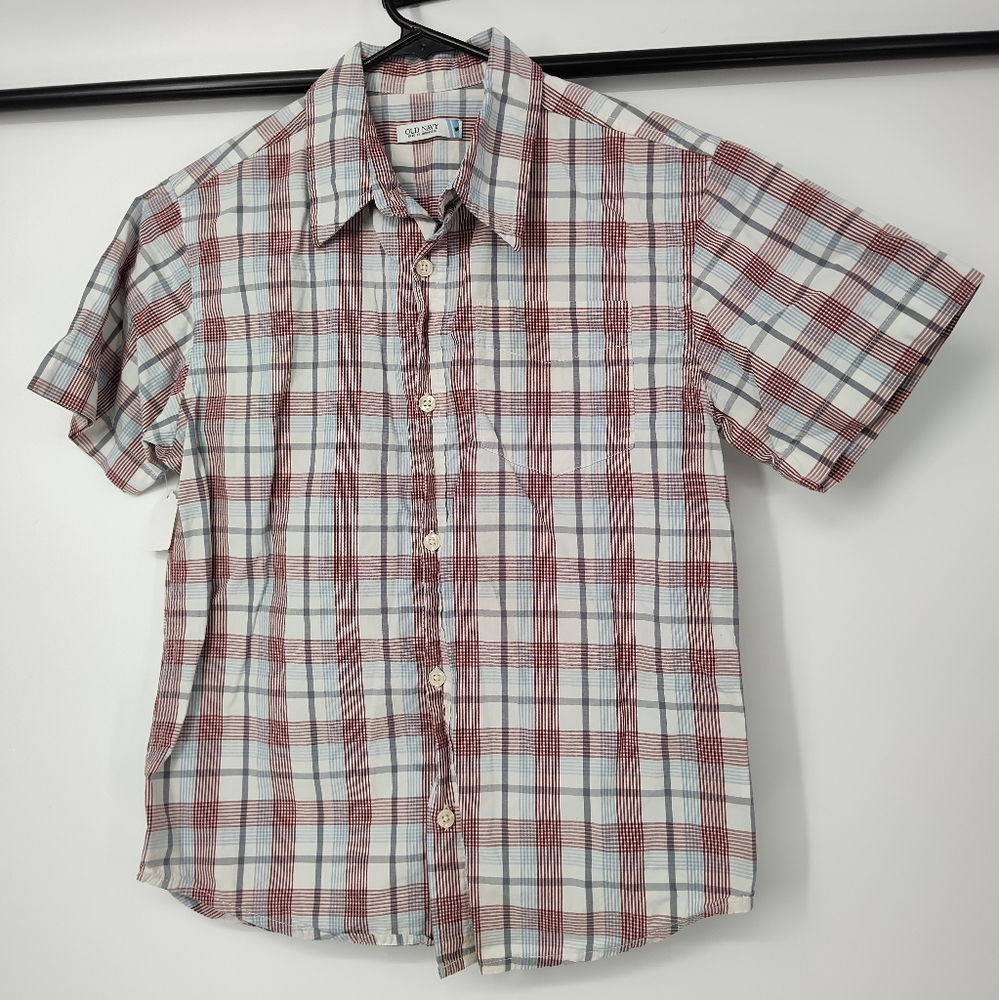 Old Navy Kids Red and White Plaid Short Sleeve Button Up Shirt Size Medium